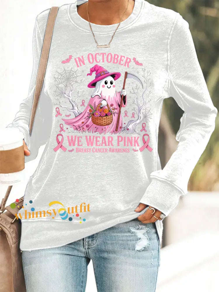 Women’s In October We Wear Pink Halloween Pink Ghost Breast Cancer Awareness Sweatshirt White / S