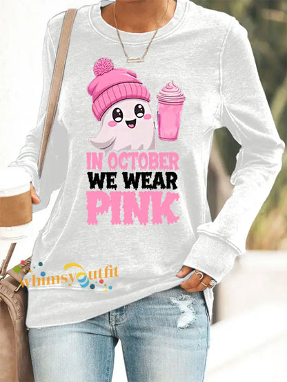 Women’s In October We Wear Pink Halloween Pink Ghost Breast Cancer Awareness Sweatshirt White / S