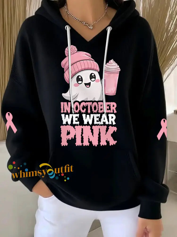 Women’s In October We Wear Pink Halloween Pink Ghost Print Breast Cancer Awareness Hoodie Black / S
