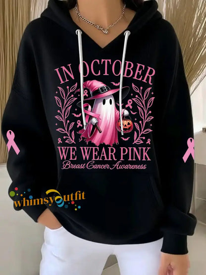 Women’s In October We Wear Pink Halloween Pink Ghost Print Breast Cancer Awareness Hoodie Black / S