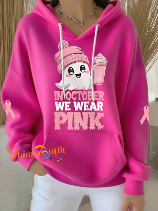 Women’s In October We Wear Pink Halloween Pink Ghost Print Breast Cancer Awareness Hoodie Rose Red / S