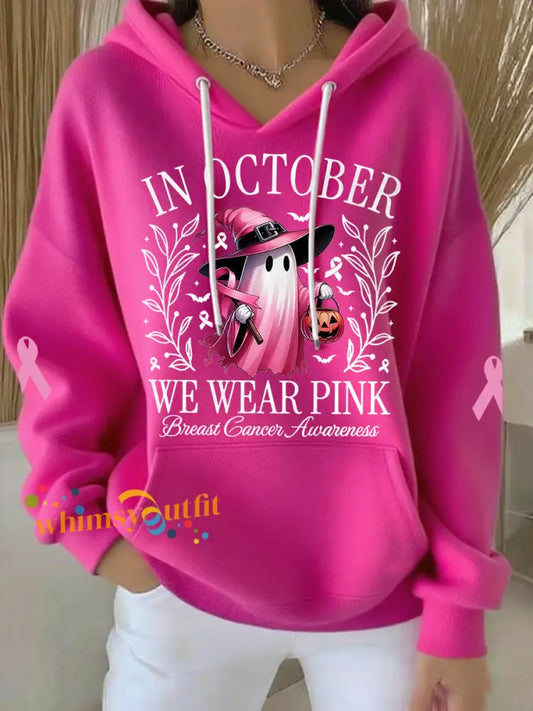 Women’s In October We Wear Pink Halloween Pink Ghost Print Breast Cancer Awareness Hoodie Rose Red / S