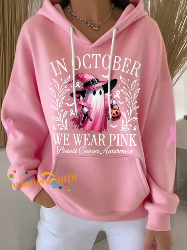 Women’s In October We Wear Pink Halloween Pink Ghost Print Breast Cancer Awareness Hoodie Pink / S