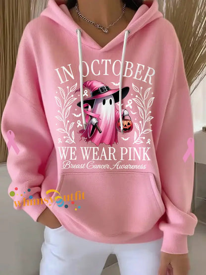 Women’s In October We Wear Pink Halloween Pink Ghost Print Breast Cancer Awareness Hoodie Pink / S
