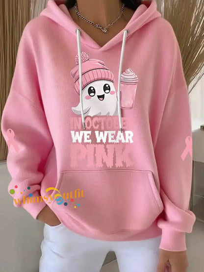 Women’s In October We Wear Pink Halloween Pink Ghost Print Breast Cancer Awareness Hoodie Pink / S