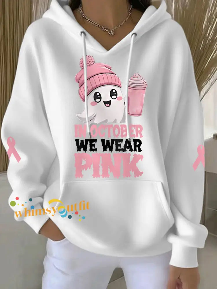 Women’s In October We Wear Pink Halloween Pink Ghost Print Breast Cancer Awareness Hoodie White / S