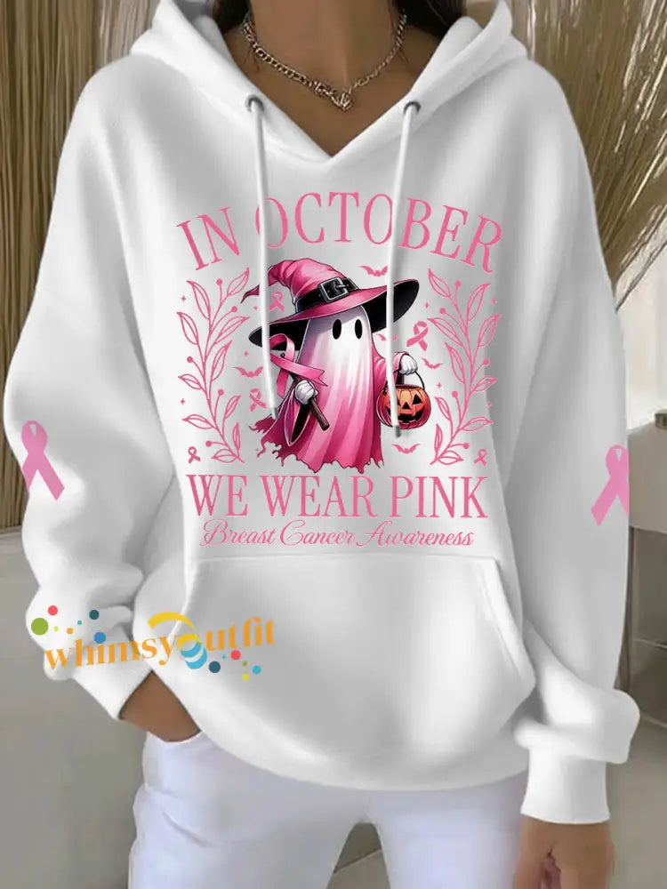 Women’s In October We Wear Pink Halloween Pink Ghost Print Breast Cancer Awareness Hoodie White / S