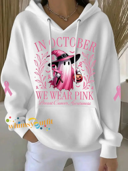 Women’s In October We Wear Pink Halloween Pink Ghost Print Breast Cancer Awareness Hoodie White / S