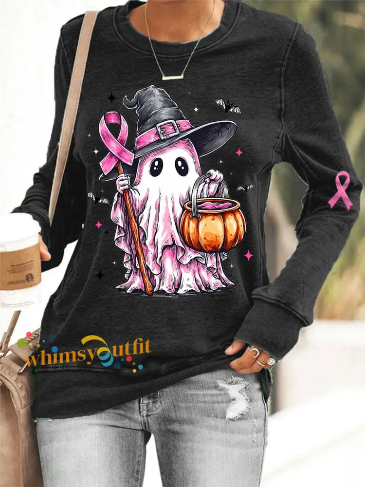 Women’s In October We Wear Pink Halloween Pink Ghost Print Breast Cancer Awareness Support Sweatshirt Black / S