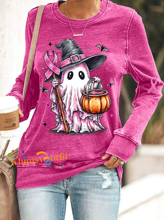 Women’s In October We Wear Pink Halloween Pink Ghost Print Breast Cancer Awareness Support Sweatshirt Rose Red / S