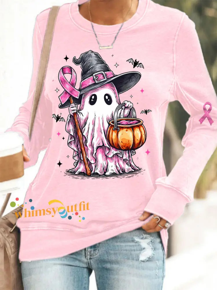 Women’s In October We Wear Pink Halloween Pink Ghost Print Breast Cancer Awareness Support Sweatshirt Pink / S