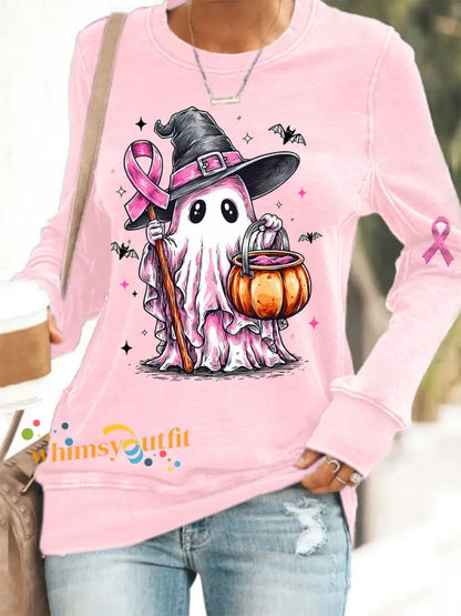 Women’s In October We Wear Pink Halloween Pink Ghost Print Breast Cancer Awareness Support Sweatshirt Pink / S
