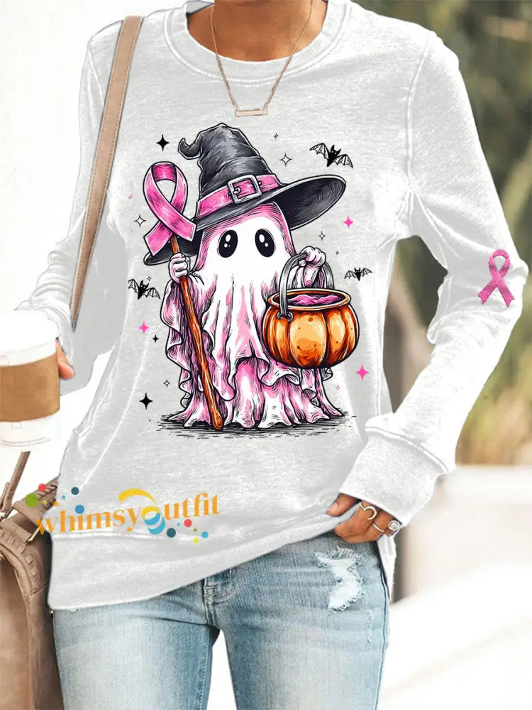 Women’s In October We Wear Pink Halloween Pink Ghost Print Breast Cancer Awareness Support Sweatshirt White / S