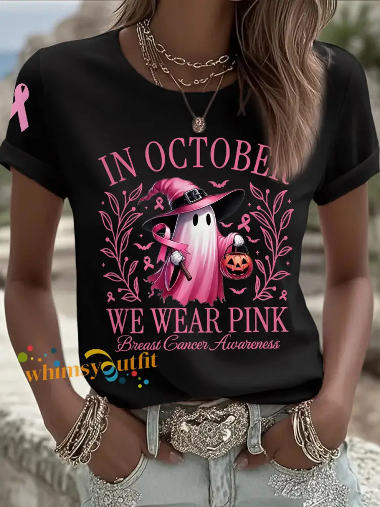 Women’s In October We Wear Pink Halloween Pink Ghost Print Breast Cancer Awareness Support Tee Black / S