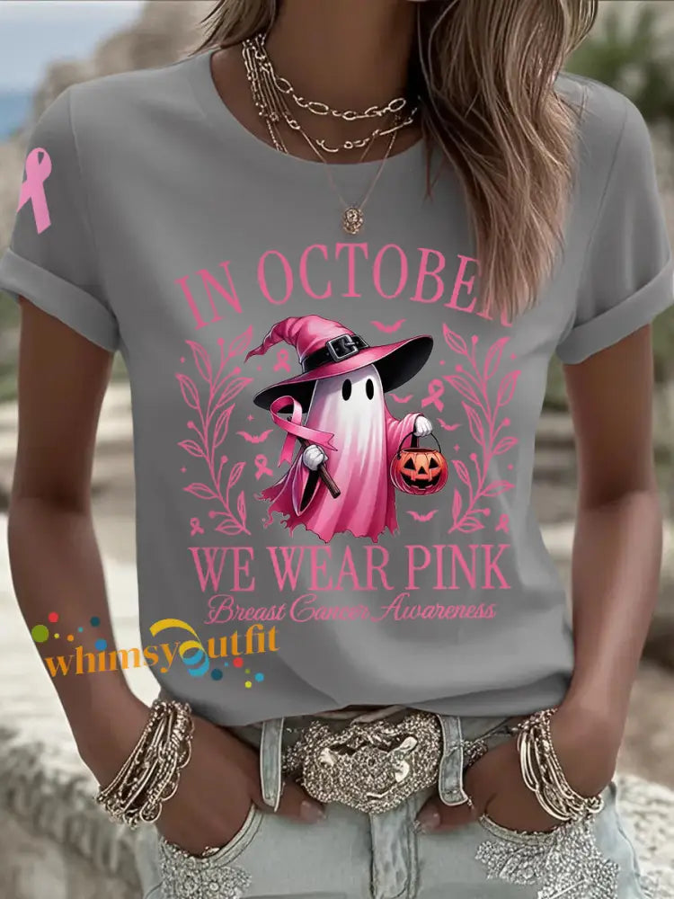 Women’s In October We Wear Pink Halloween Pink Ghost Print Breast Cancer Awareness Support Tee Light Gray / S