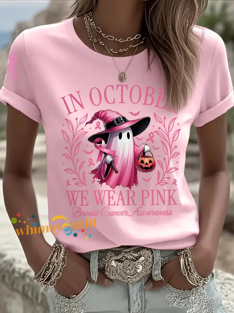 Women’s In October We Wear Pink Halloween Pink Ghost Print Breast Cancer Awareness Support Tee Light Pink / S