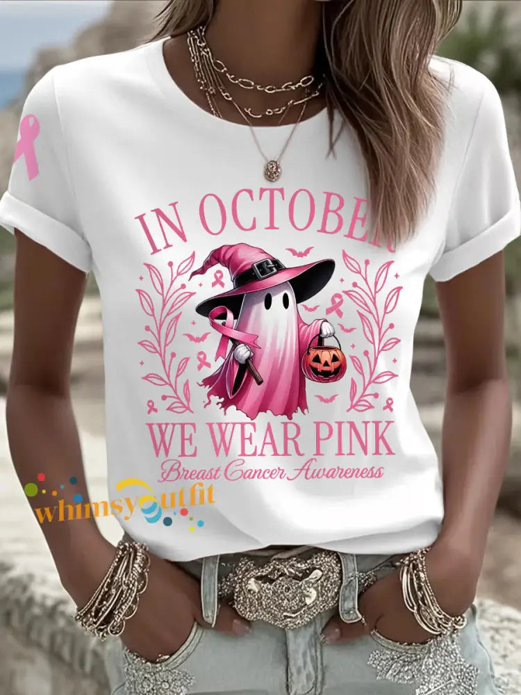 Women’s In October We Wear Pink Halloween Pink Ghost Print Breast Cancer Awareness Support Tee White / S