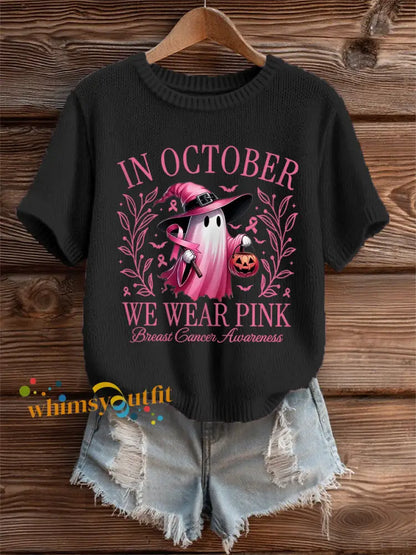 Women’s In October We Wear Pink,Pink Halloween Ghost Print Breast Cancer Awareness Tee Black / S