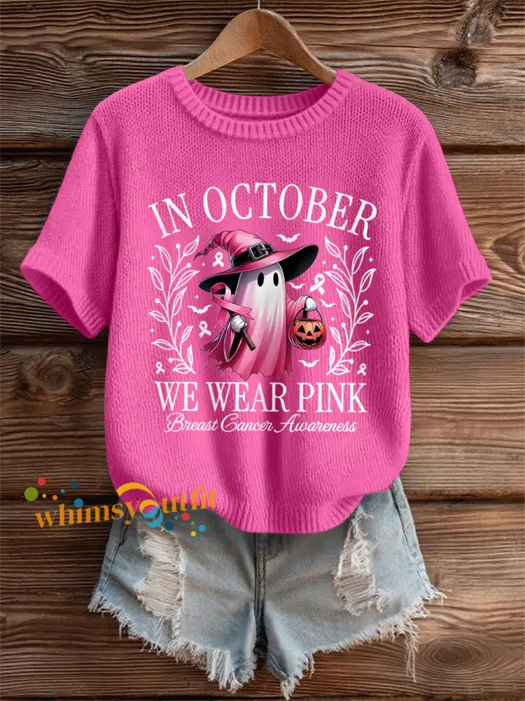 Women’s In October We Wear Pink,Pink Halloween Ghost Print Breast Cancer Awareness Tee Rose Red / S