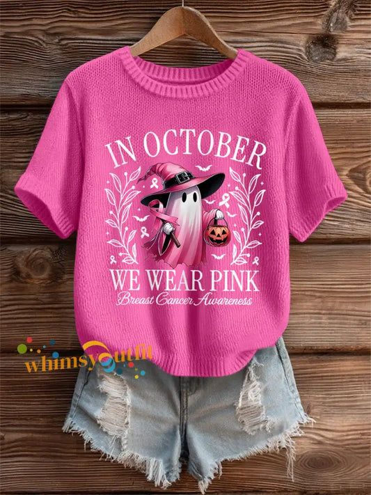 Women’s In October We Wear Pink,Pink Halloween Ghost Print Breast Cancer Awareness Tee Rose Red / S