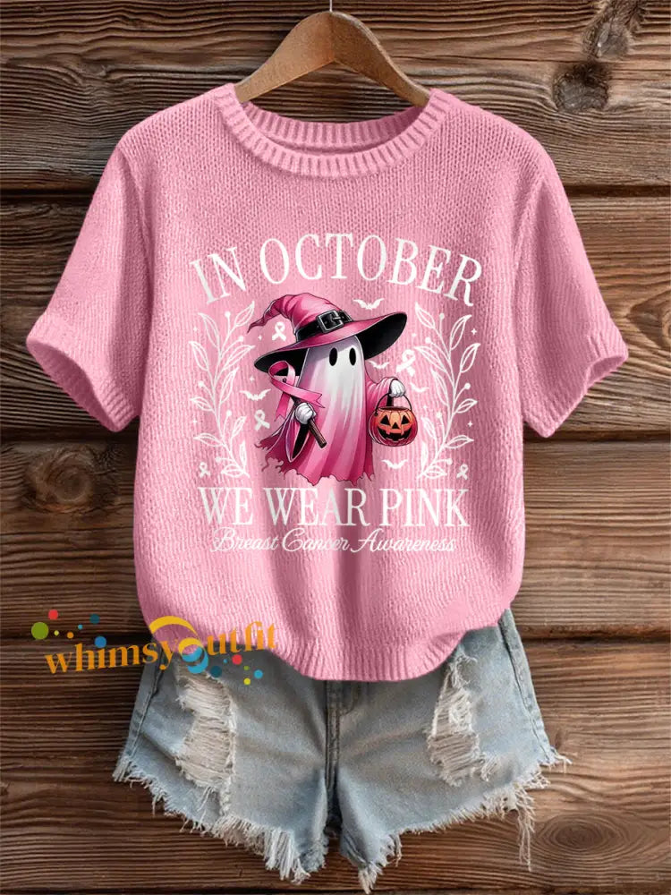 Women’s In October We Wear Pink,Pink Halloween Ghost Print Breast Cancer Awareness Tee Pink / S