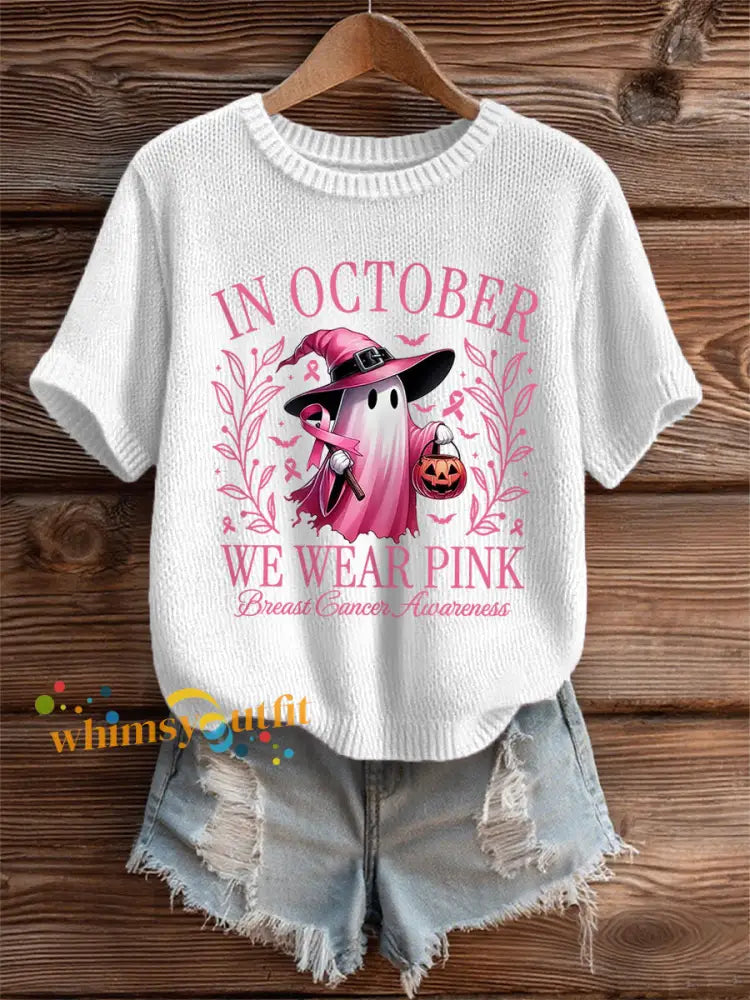 Women’s In October We Wear Pink,Pink Halloween Ghost Print Breast Cancer Awareness Tee White / S