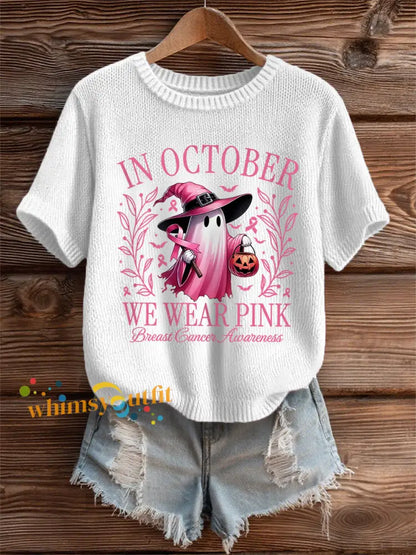 Women’s In October We Wear Pink,Pink Halloween Ghost Print Breast Cancer Awareness Tee White / S