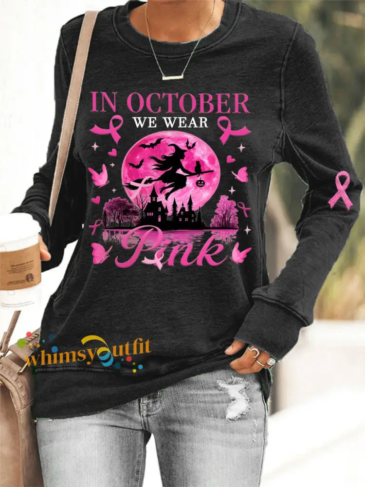 Women’s In October We Wear Pink Pink Halloween Witch Breast Cancer Awareness Sweatshirt Black / S