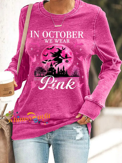 Women’s In October We Wear Pink Pink Halloween Witch Breast Cancer Awareness Sweatshirt Rose Red / S