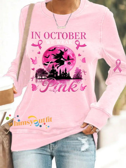 Women’s In October We Wear Pink Pink Halloween Witch Breast Cancer Awareness Sweatshirt Pink / S