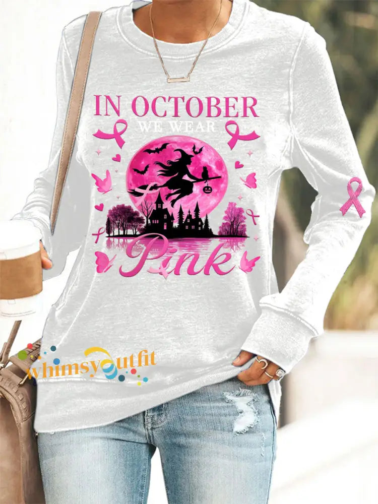 Women’s In October We Wear Pink Pink Halloween Witch Breast Cancer Awareness Sweatshirt White / S