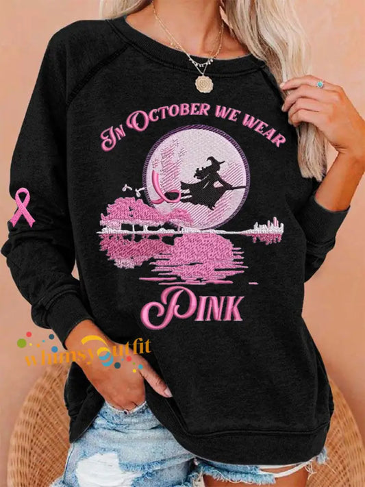 Women’s In October We Wear Pink Halloween Witch Print Breast Cancer Awareness Sweatshirt Black / S