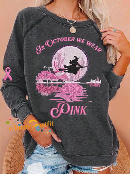 Women’s In October We Wear Pink Halloween Witch Print Breast Cancer Awareness Sweatshirt Dark Gray / S