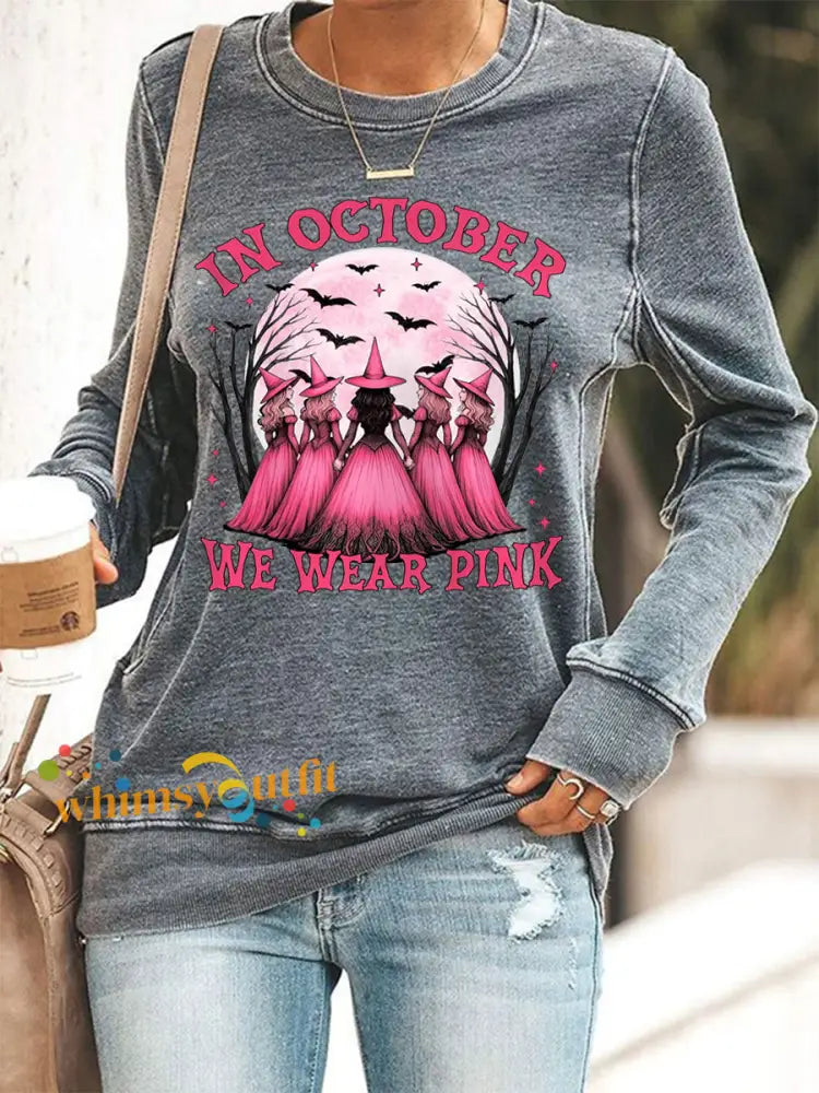 Women’s In October We Wear Pink,Pink Halloween Witch Print Breast Cancer Awareness Sweatshirt Gray / S