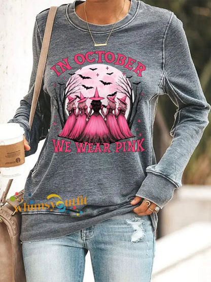 Women’s In October We Wear Pink,Pink Halloween Witch Print Breast Cancer Awareness Sweatshirt Gray / S