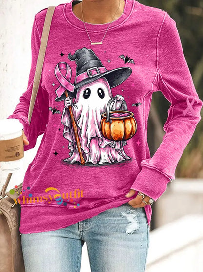 Women’s In October We Wear Pink,Pink Halloween Witch Print Breast Cancer Awareness Sweatshirt Rose Red / S