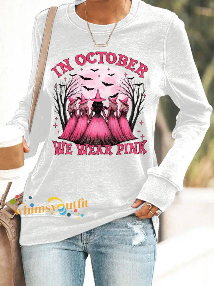 Women’s In October We Wear Pink,Pink Halloween Witch Print Breast Cancer Awareness Sweatshirt White / S