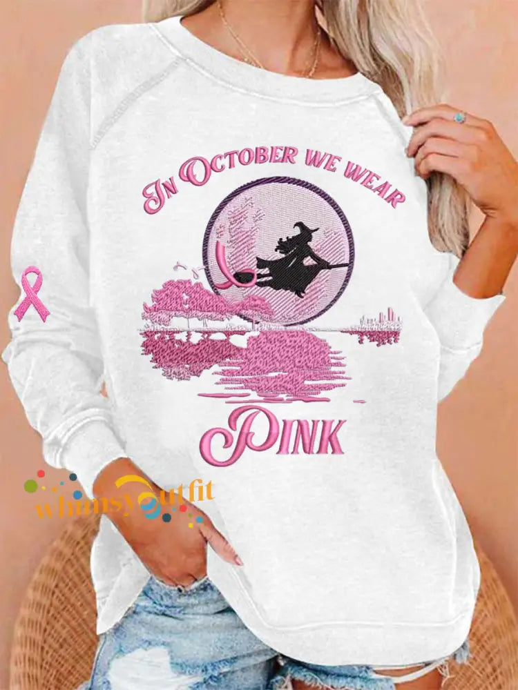 Women’s In October We Wear Pink Halloween Witch Print Breast Cancer Awareness Sweatshirt White / S
