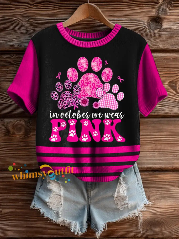 Women’s In October We Wear Pink Imitation Sweater Short sleeved T shirt Rose Red / S