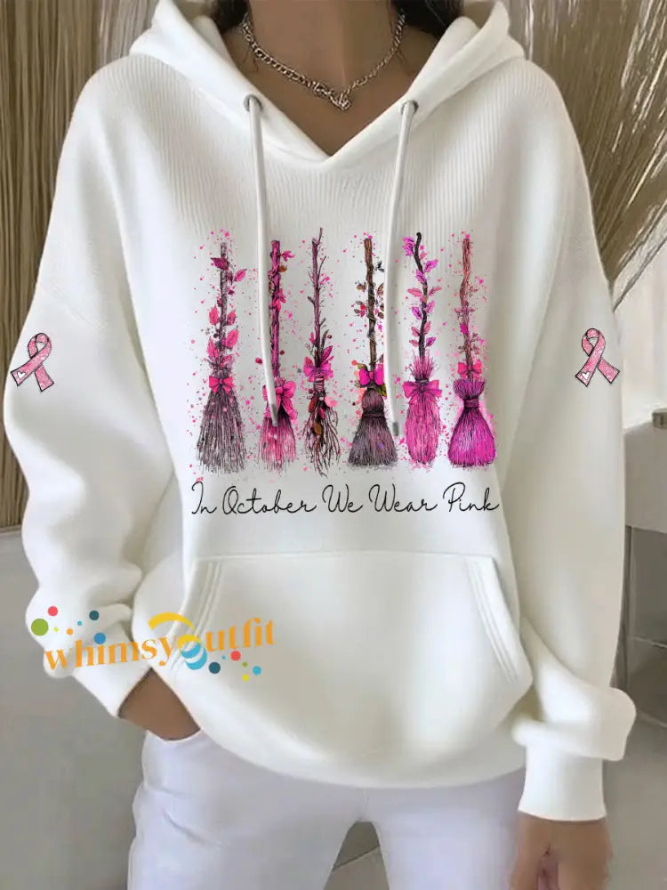 Women’s In October We Wear Pink Printed Casual Hoodie White / S