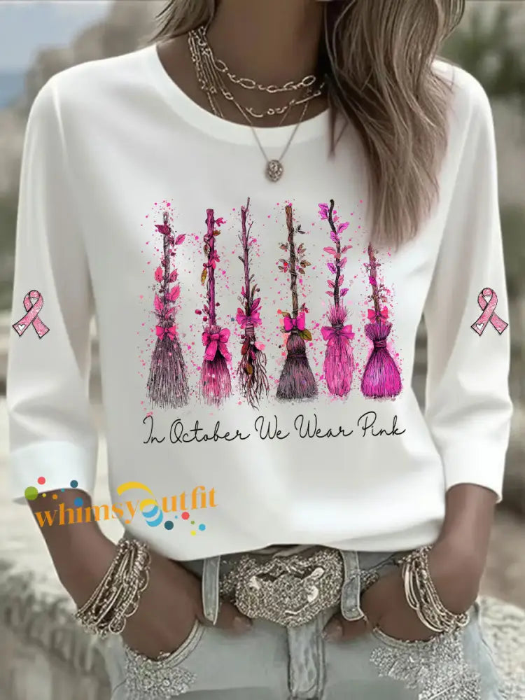 Women’s In October We Wear Pink Printed Casual T shirt White / S