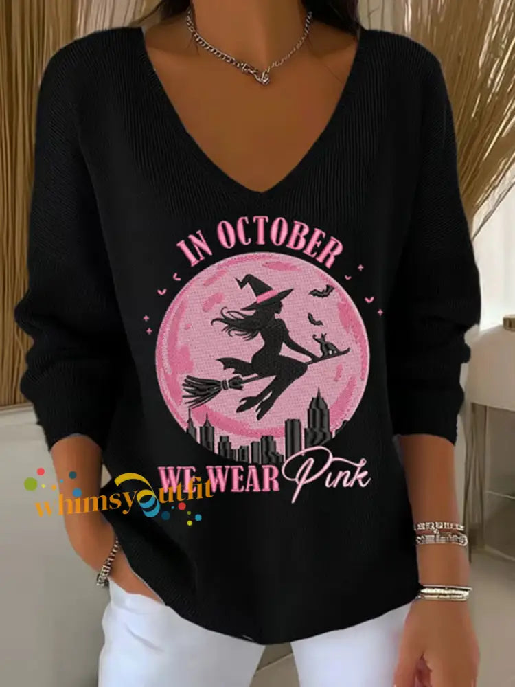 Women’s In October We Wear Pink Printed Casual Top Black / S