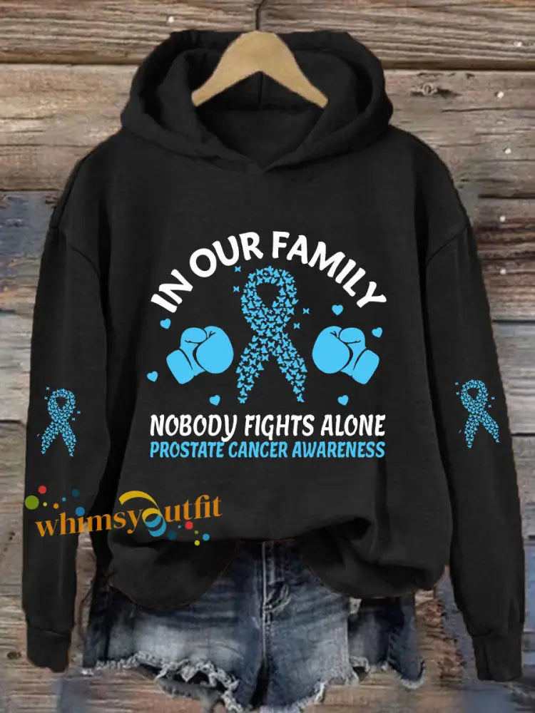Women’s ’In Our Family Nobody Fights Alone’ Printed Casual Hoodie Black / S