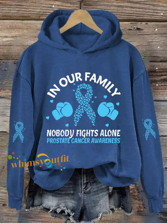 Women’s ’In Our Family Nobody Fights Alone’ Printed Casual Hoodie Blue / S