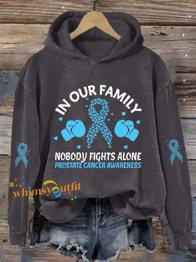 Women’s ’In Our Family Nobody Fights Alone’ Printed Casual Hoodie Dark Gray / S