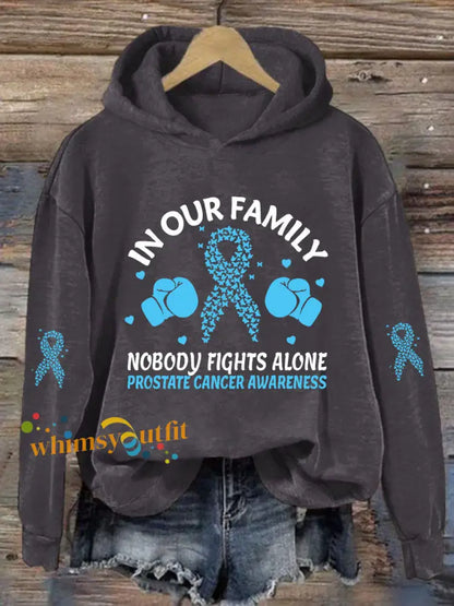 Women’s ’In Our Family Nobody Fights Alone’ Printed Casual Hoodie Dark Gray / S