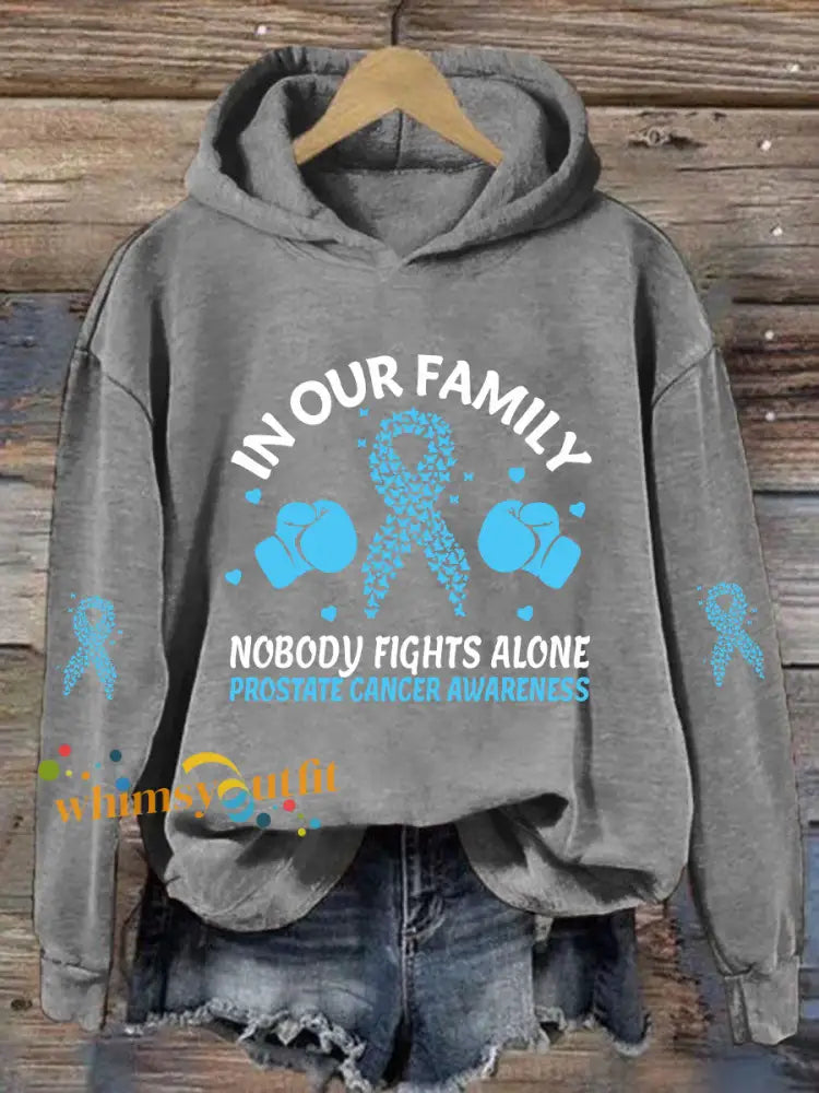 Women’s ’In Our Family Nobody Fights Alone’ Printed Casual Hoodie Light Gray / S