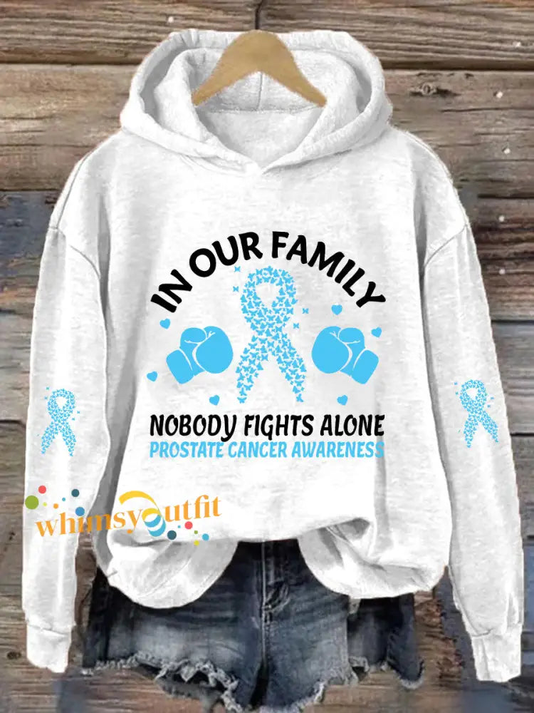 Women’s ’In Our Family Nobody Fights Alone’ Printed Casual Hoodie White / S