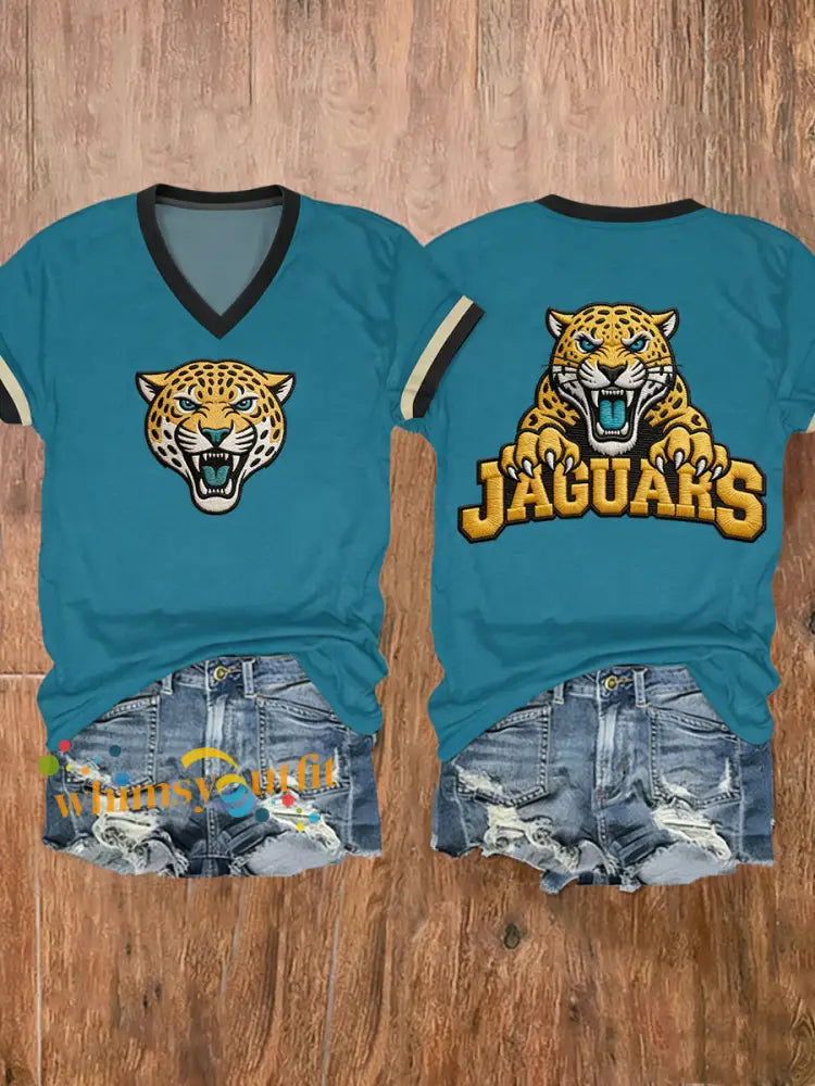 Women’s Jaguars Print Football Fans Gameday Casual V-Neck Tee Blue-Green / S