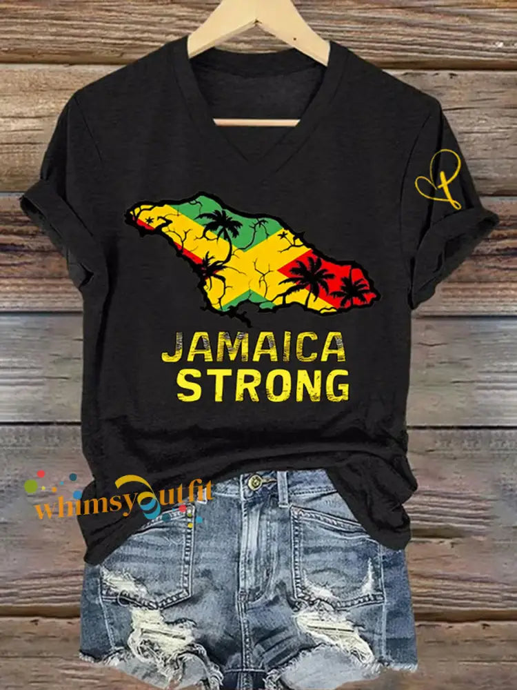 Women’s Jamaica Strong Cross Reggae V-Neck Tee Black / S